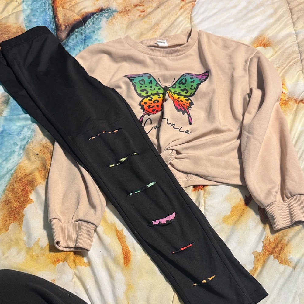 Kids Butterfly Print Sweatshirt and Black Leggings Set